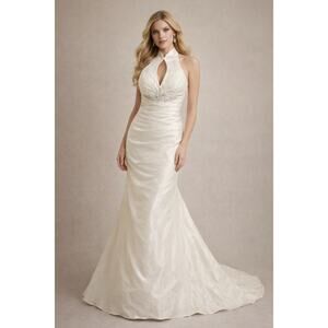 GALINA SIGNATURE Davids Bridal Ivory Taffeta High-Collar Trumpet Gown size 4